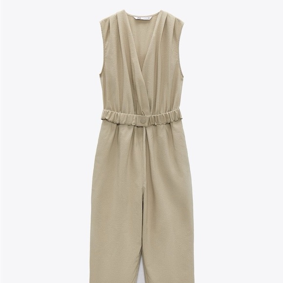 Zara Light Khaki Textured Sleeveless Jumpsuit - Picture 1 of 2